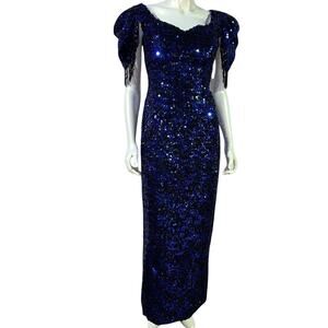 J Reynolds Designs Size 9 10 Royal Blue Sequin Gown Fringe V Back